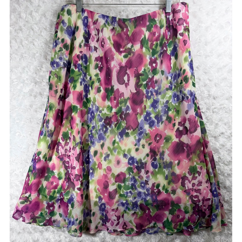 Dressbarn Size 14/16 Floral Midi Pink Purple Green Watercolor Chiffon Skirt